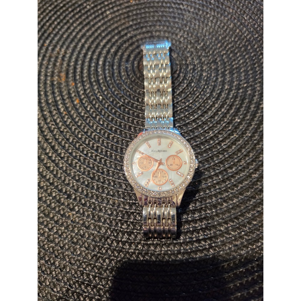Kim Rogers Womens Silver Tone Watch Rose Gold Accents Rhinestone Bezel KR1033L